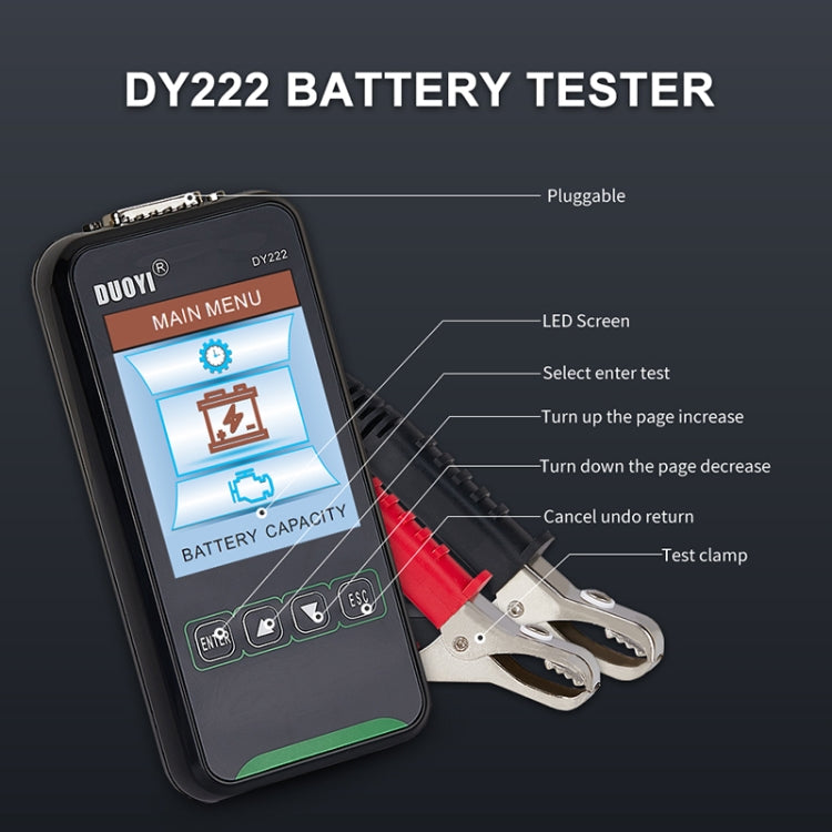 Portable car battery tester with large LCD display and metal test clamps