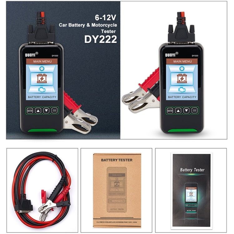 Car battery tester kit with handheld unit, clamp cables, and tester accessories