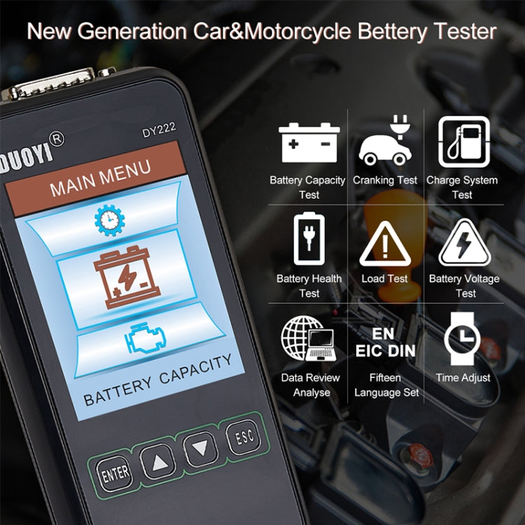 12V/24V car and motorcycle battery tester with illuminated LCD menu screen