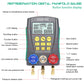 Digital manifold pressure tester with labeled buttons, LCD display, and inlet valve fittings