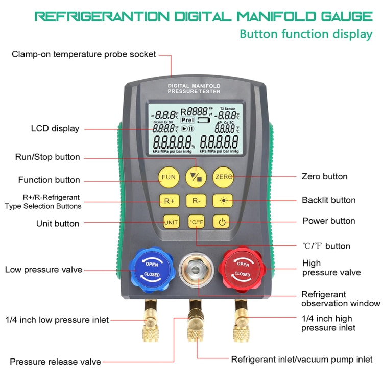 Digital manifold pressure tester with labeled buttons, LCD display, and inlet valve fittings