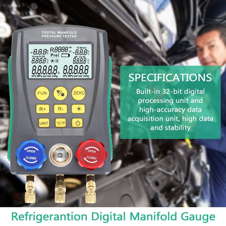 Digital manifold pressure tester with LCD readings, blue/red pressure valves, and brass ports