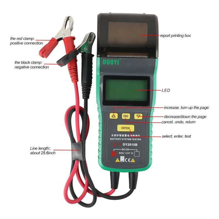 DUOYI DY2015B battery tester with attached red and black clamp cables, LED and display