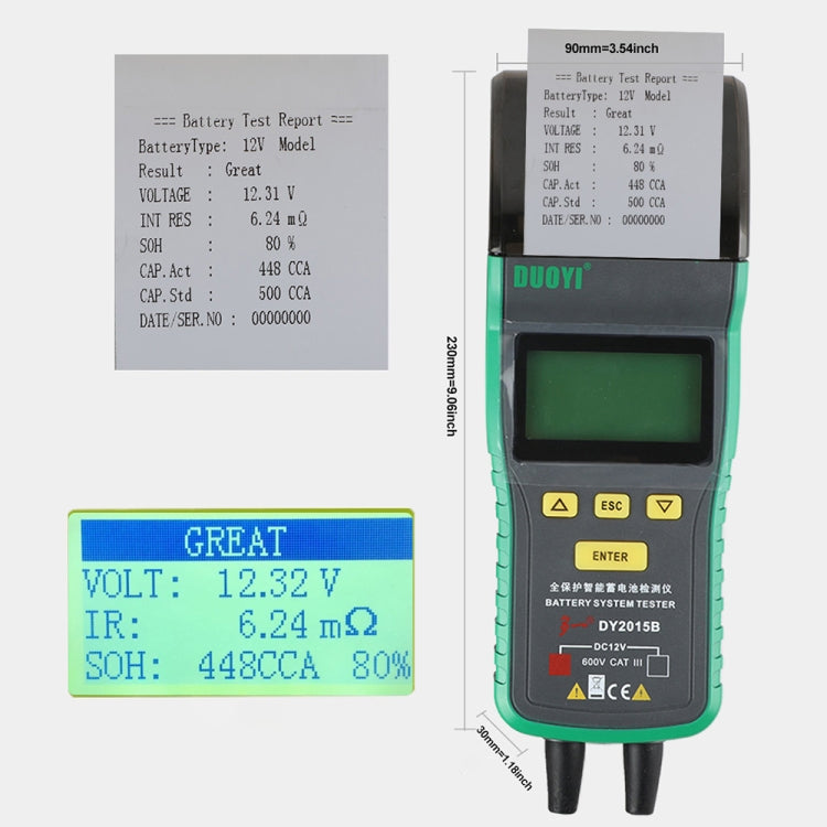 DUOYI DY2015B battery tester with voltage report display and green handheld unit