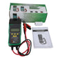 DUOYI DY2015B automotive battery tester kit with red/black clamps, manual, and report paper
