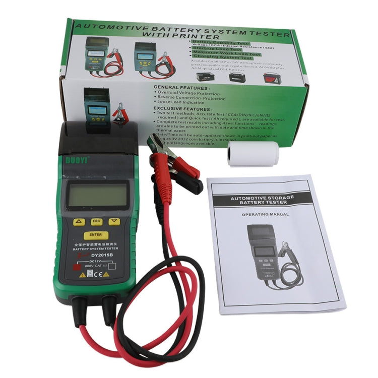 DUOYI DY2015B automotive battery tester kit with red/black clamps, manual, and report paper