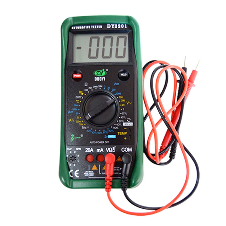 Green automotive digital multimeter tester with attached red and black test leads