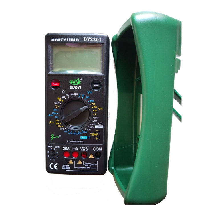 Green automotive digital multimeter tester beside protective case