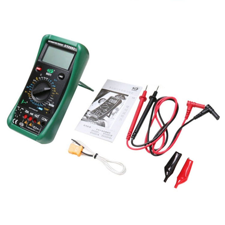 Green automotive digital multimeter tester kit with test leads and manual
