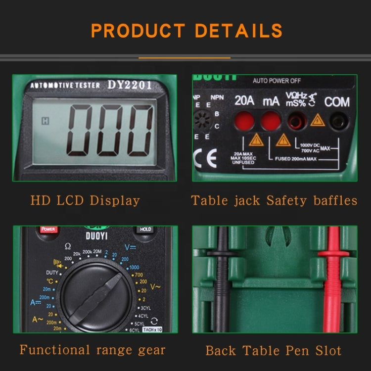 Automotive digital multimeter tester showing LCD, range dial, and pen slots