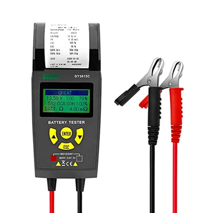 Car battery tester with digital LCD screen and two insulated alligator clip leads
