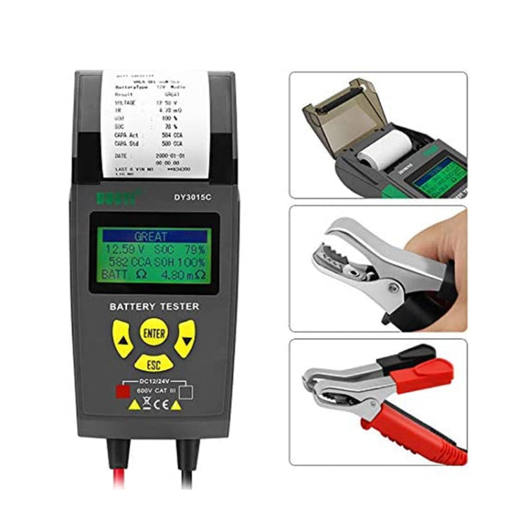 Battery tester device with LCD display and metal clamp test clips (red and black)