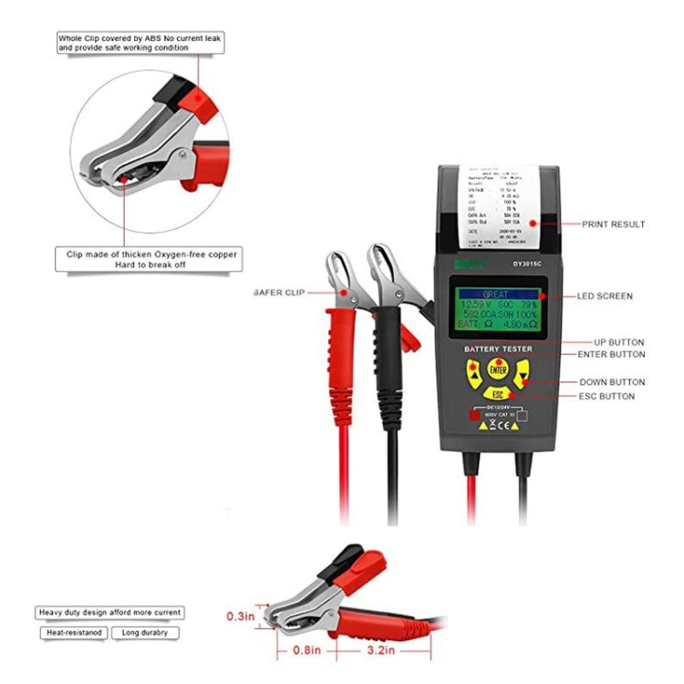 Automotive battery tester showing buttons and LCD screen with red and black leads