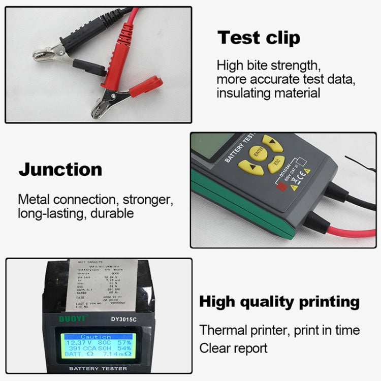 Battery tester close-up with test clips and LCD screen, showing connection details
