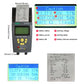 Battery tester with dimensions and LCD screen showing cautions and battery readings