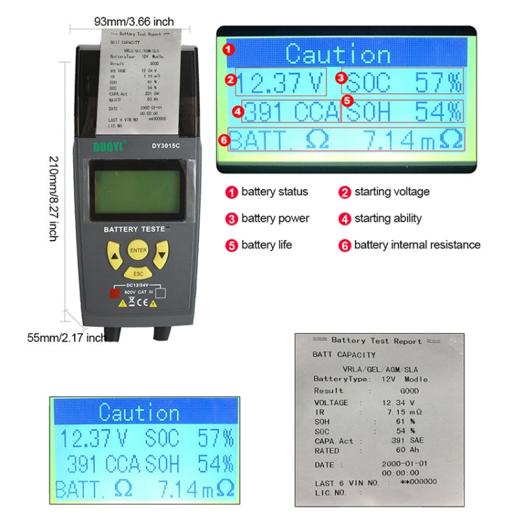 Battery tester with dimensions and LCD screen showing cautions and battery readings