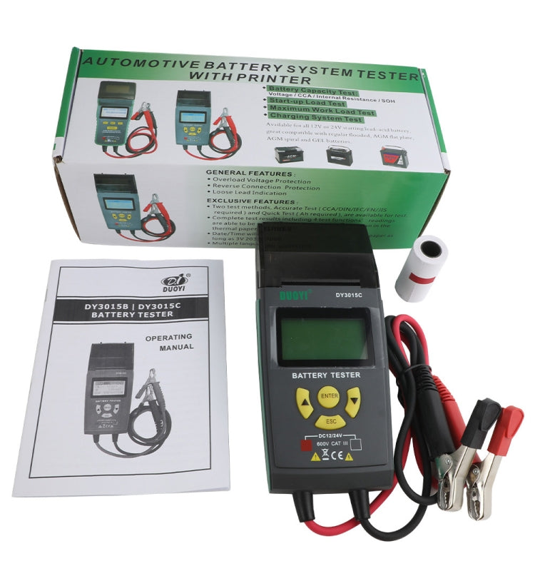 Car battery tester kit with main unit, printed manual, and clamp leads