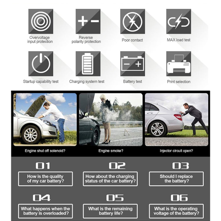 Battery tester instructional panel with icons for charging, battery test, and print selection