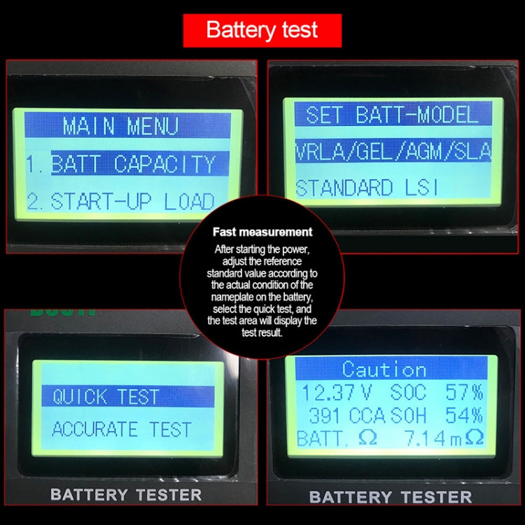 Battery tester display showing main menu, quick test, and caution readings