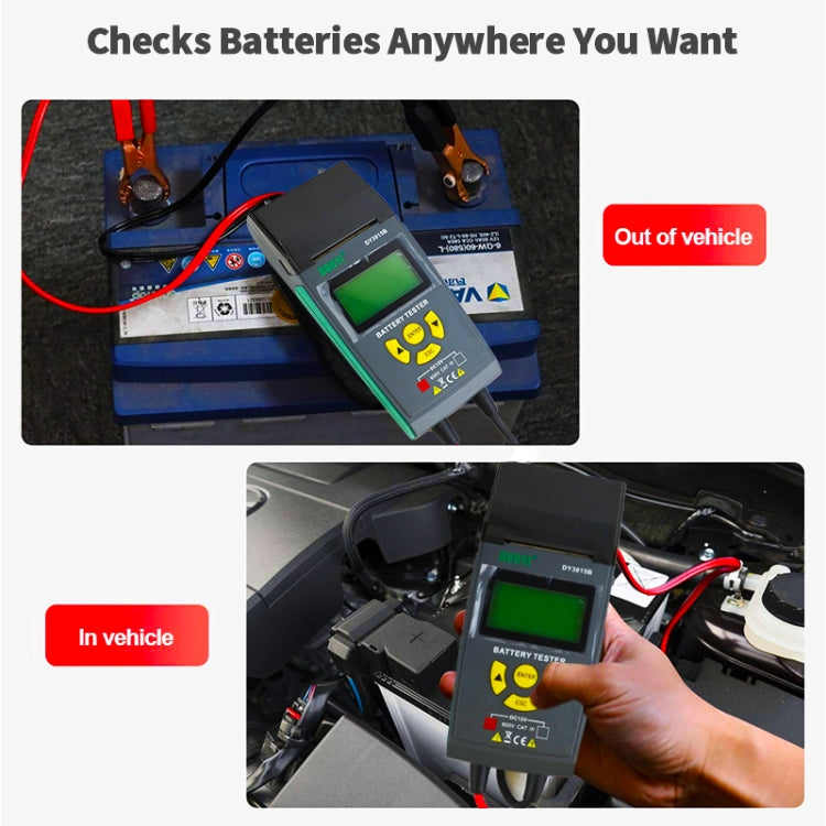 Battery tester in vehicle and out of vehicle setups with alligator clip connections