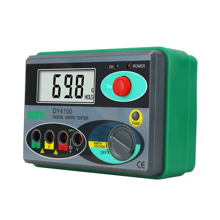 Digital ground resistance meter DY4100 with LCD display, red test button, and function dial