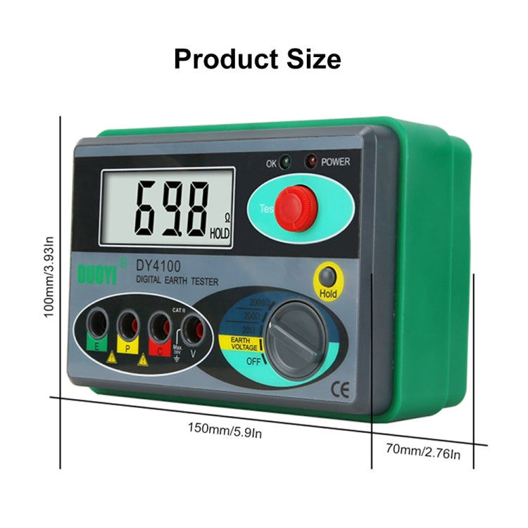 Digital ground resistance meter DY4100 with size dimensions shown on front, green and gray