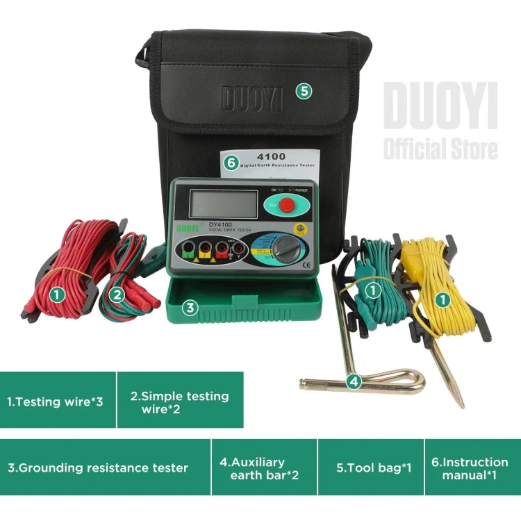 Digital ground resistance meter kit with DY4100 unit, cables, ground spikes, and bag