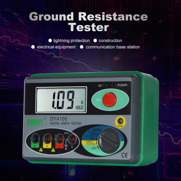 Digital ground resistance meter DY4100 with LCD reading 1.09, green body and control dial