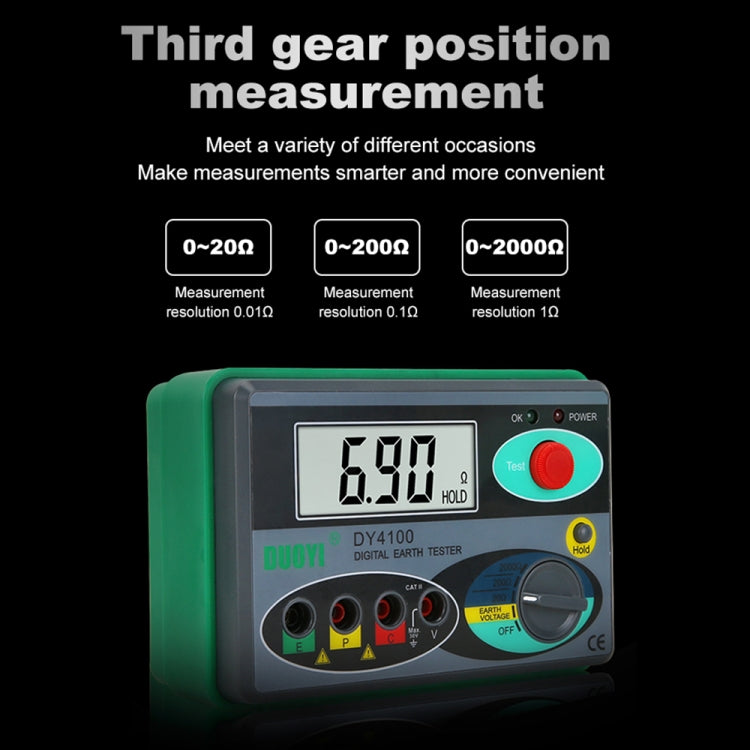 Digital ground resistance meter DY4100 in green housing with front ports and red test button