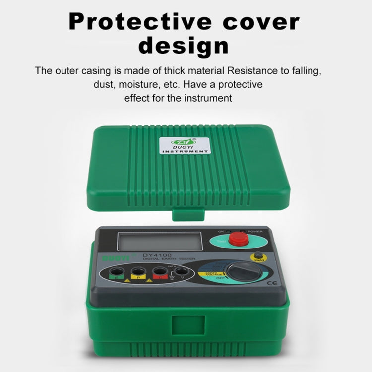 Digital ground resistance meter DY4100 with protective green case and open display compartment