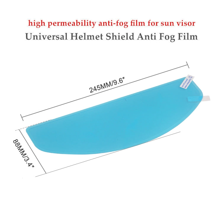 Blue universal anti-fog helmet visor film with size markings, curved