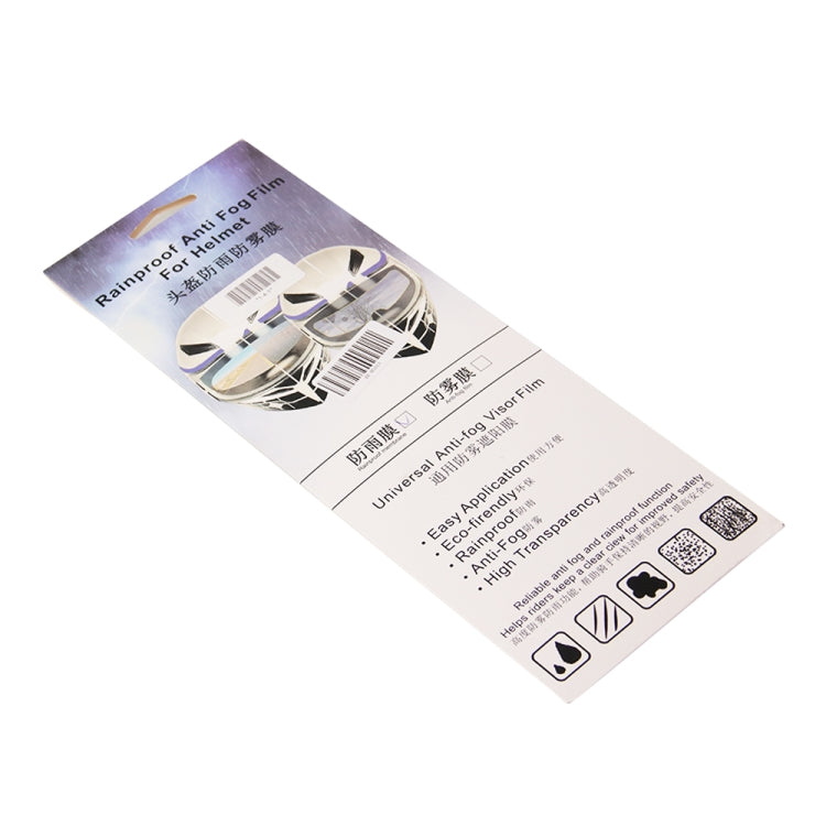 Packaged universal rainproof anti-fog film for helmet visor, blue and white label