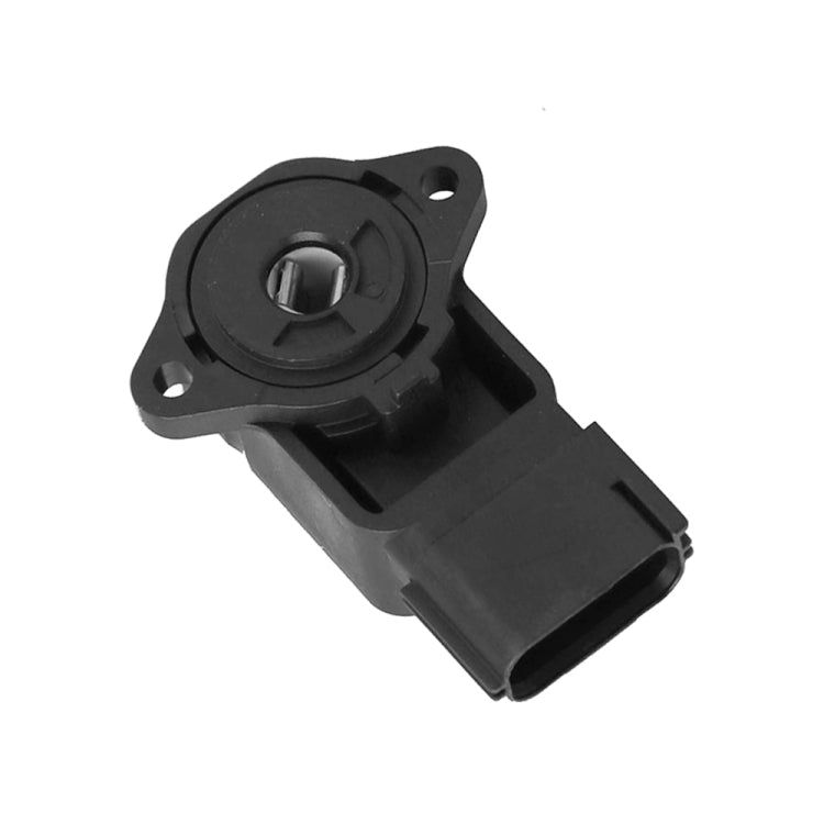 Car throttle position sensor with round mounting flange and electrical plug, black housing