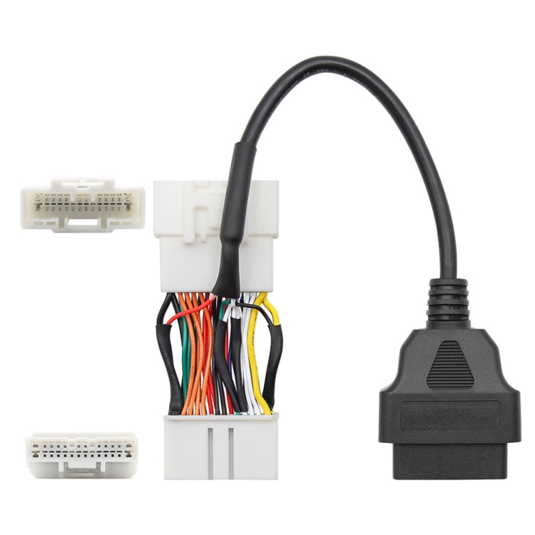 OBD conversion cable showing white connectors, bundled multicolor wires, and black OBD plug