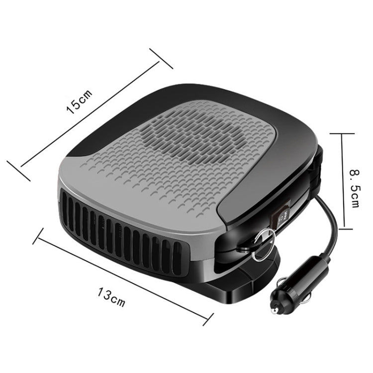 Compact car heater unit with gray top grille, black base and cigarette lighter plug