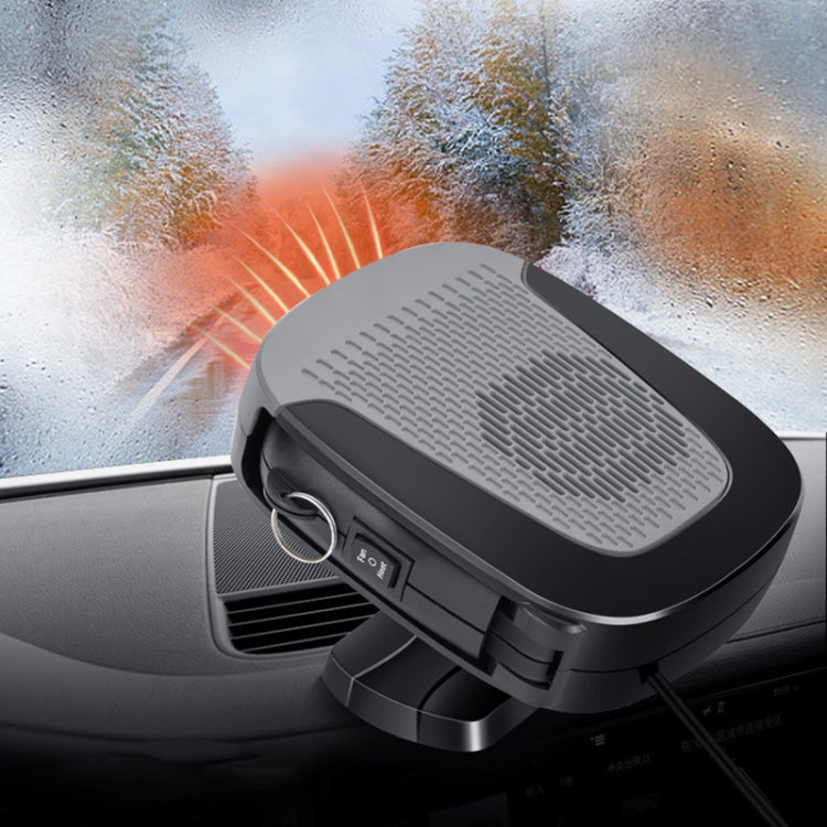 Car defogger heater on dashboard, gray grille, black casing, airflow clearing mist