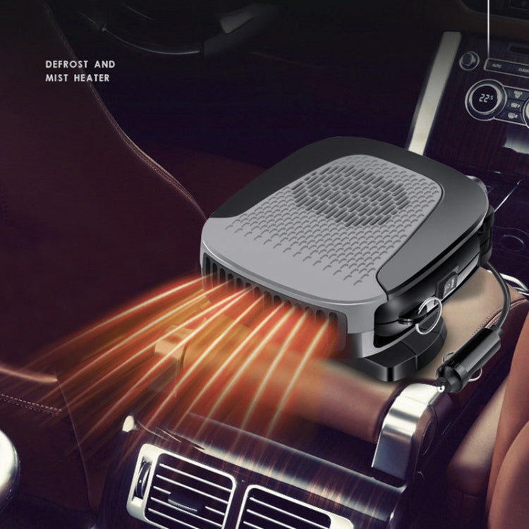 Car defrost and mist heater, gray grille, black body with attached power cable