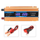 Orange power inverter front view with dual digital voltmeter and side AC outlet