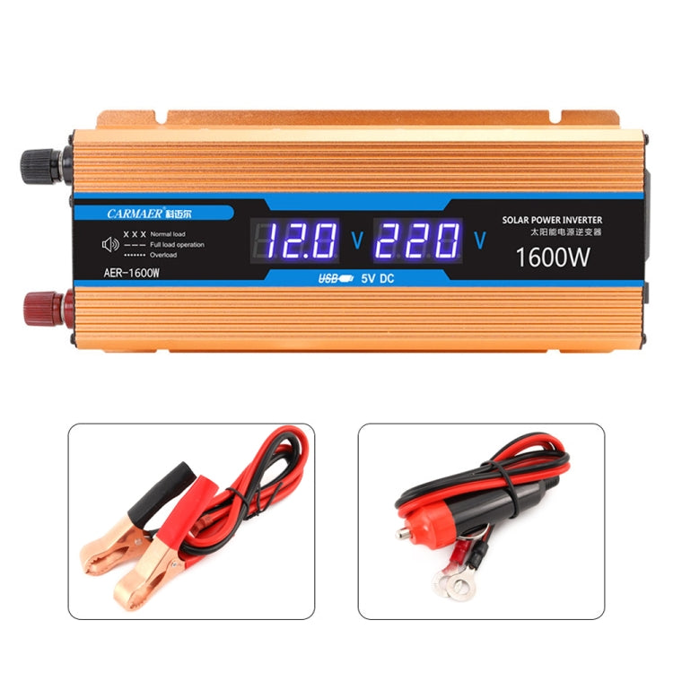 Orange power inverter front view with dual digital voltmeter and side AC outlet