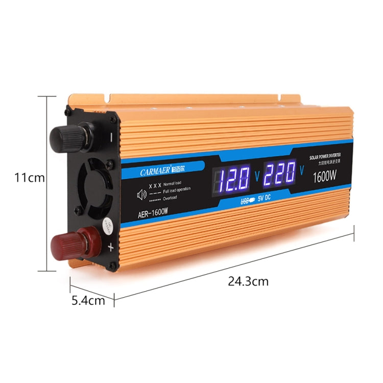 Orange power inverter side panel with cooling fan, wiring knobs, and dual voltage display