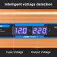 Digital display on orange inverter showing input voltage and output voltage readings