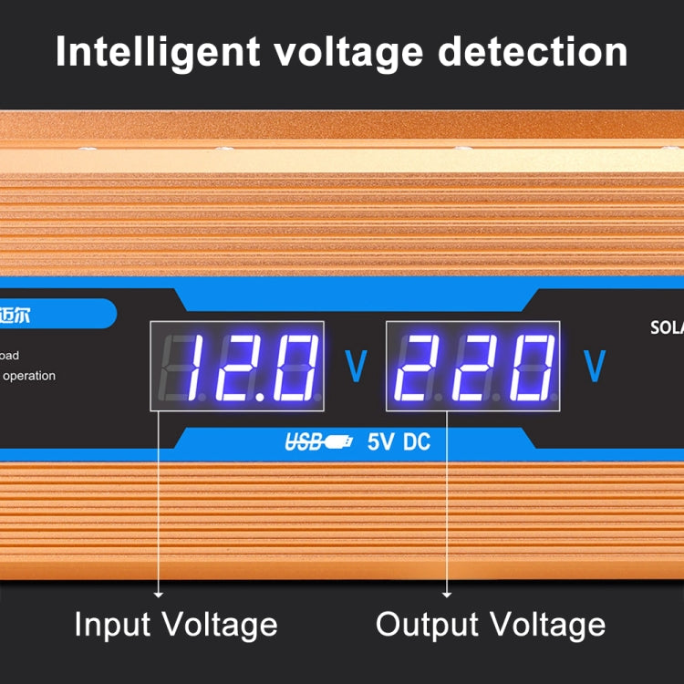 Digital display on orange inverter showing input voltage and output voltage readings