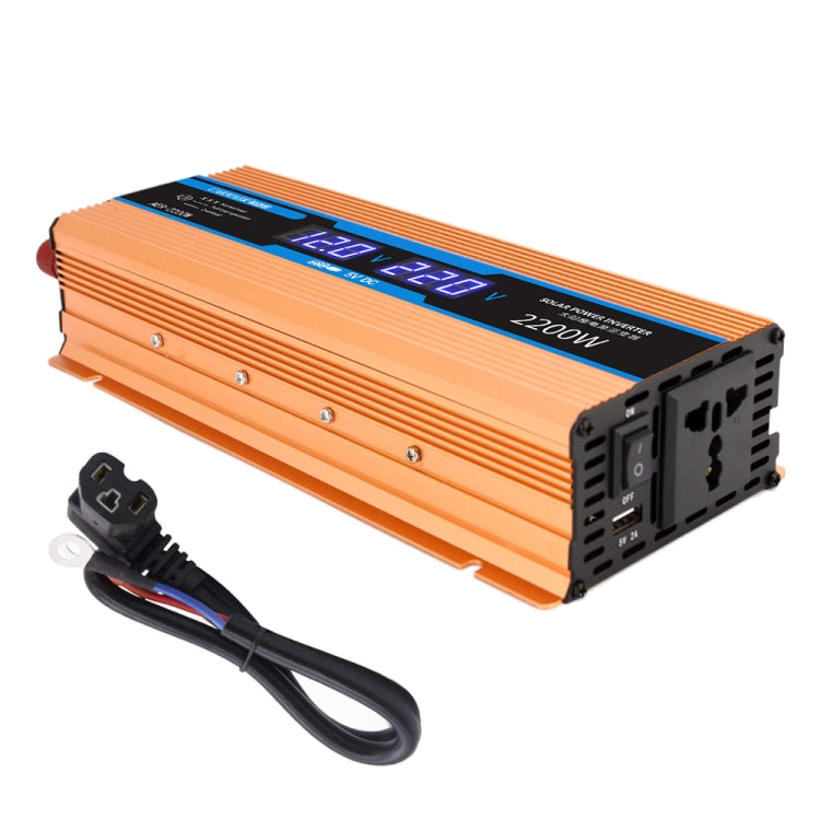 Orange car power inverter with digital display and vented AC outlet panel