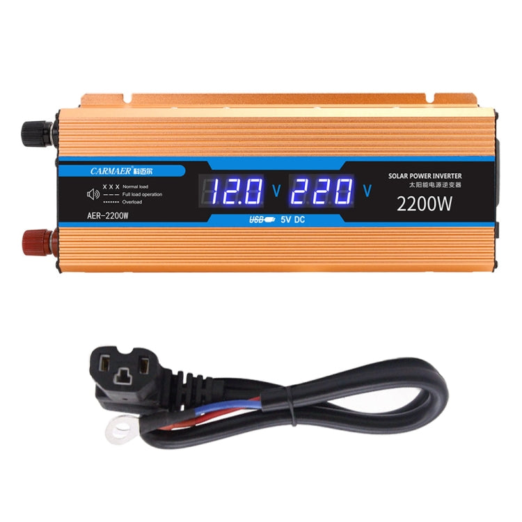 Orange inverter power converter with blue LCD showing input 12.0V and output 220V