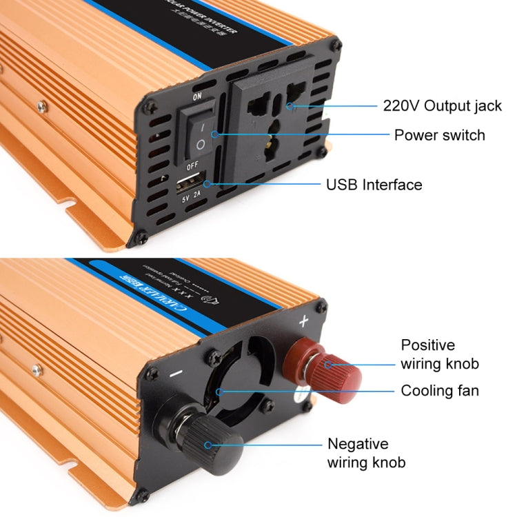 Orange inverter rear ports: 220V output jack, power switch, USB interface, fan and knobs