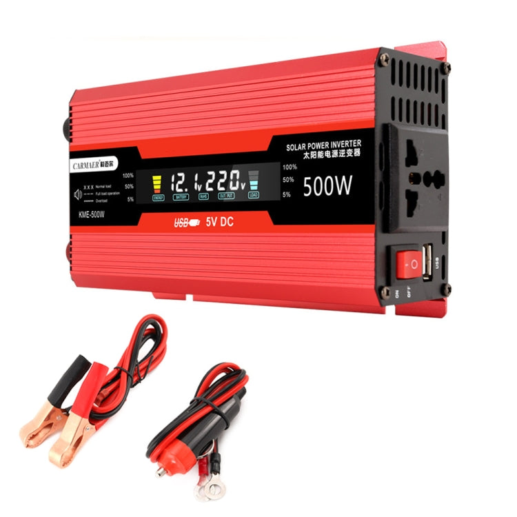 Red 500W power inverter with LCD display, black vents, and US outlet ports