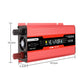 Red 500W power inverter with LCD display, side fan grille, and DC/AC connectors