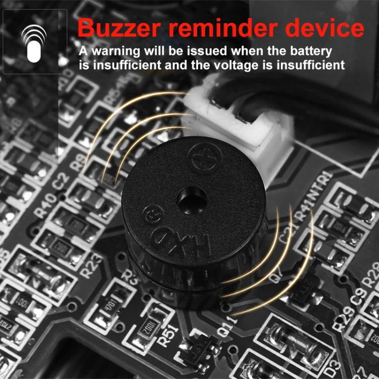 Black buzzer reminder device on circuit board with warning trace lines