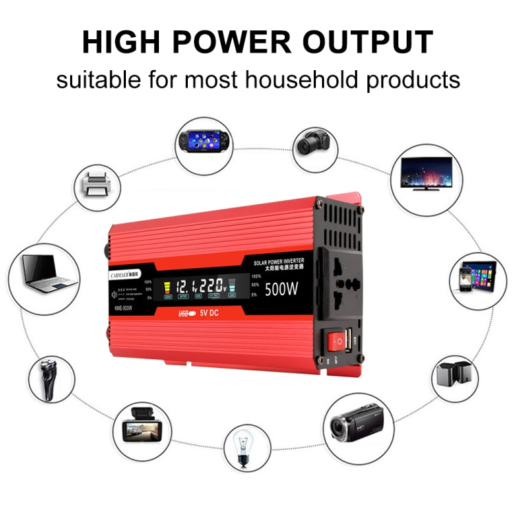 Red 500W power inverter with LCD display and multiple input/output connectors
