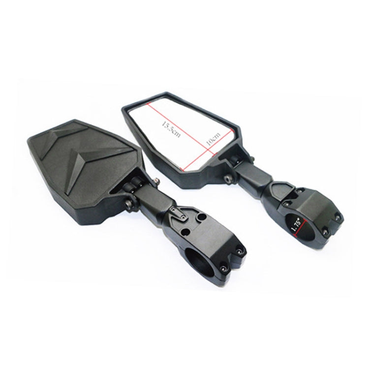 Wide-angle UTV rearview mirror with black housing, reflective lens, and mounting bracket